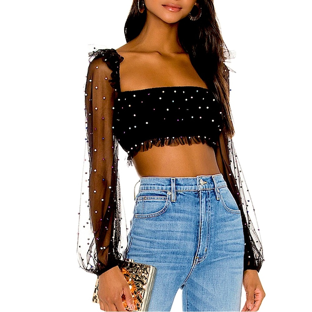 NWT Camila Coelho Pearl Embellished Crop Top with Puffed Sleeves